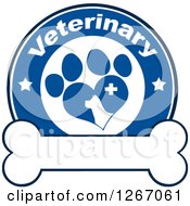 Poster, Art Print Of Blue And White Veterinary Circle Of A Silhouetted Dog In A Heart Shaped Paw Print With Stars And A Cross Over A Bone