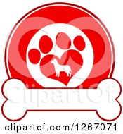 Poster, Art Print Of Red And White Circle Of A Silhouetted Dog In A Heart Shaped Paw Print Over A Bone
