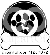 Clipart Of A Black And White Circle Of A Silhouetted Dog In A Heart Shaped Paw Print Over A Bone Royalty Free Vector Illustration