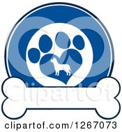 Poster, Art Print Of Blue And White Circle Of A Silhouetted Dog In A Heart Shaped Paw Print Over A Bone