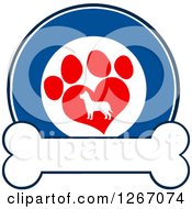 Poster, Art Print Of Blue And White Circle Of A Silhouetted Dog In A Red Heart Shaped Paw Print Over A Bone