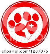 Poster, Art Print Of Red And White Circle Of A Dog Head In A Heart Shaped Paw Print With A Veterinary Cross