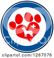 Poster, Art Print Of Blue And White Circle Of A Dog In A Red Heart Shaped Paw Print With A Veterinary Cross