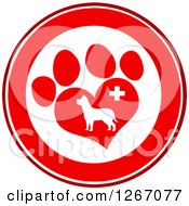 Poster, Art Print Of Red And White Circle Of A Dog In A Heart Shaped Paw Print With A Veterinary Cross