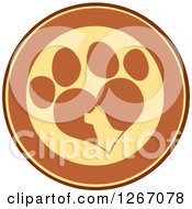 Poster, Art Print Of Brown And Yellow Circle Of A Silhouetted Dog Head In A Heart Shaped Paw Print