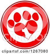 Clipart Of A Red And White Circle Of A Silhouetted Dog Head In A Heart Shaped Paw Print Royalty Free Vector Illustration