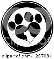 Poster, Art Print Of Black And White Circle Of A Silhouetted Dog Head In A Heart Shaped Paw Print
