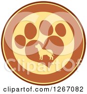 Poster, Art Print Of Brown And Yellow Circle Of A Silhouetted Dog In A Heart Shaped Paw Print