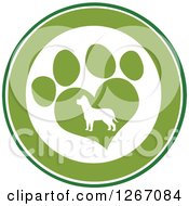 Clipart Of A Green And White Circle Of A Silhouetted Dog In A Heart Shaped Paw Print Royalty Free Vector Illustration