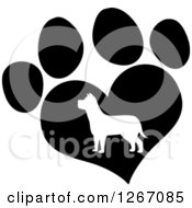 Clipart Of A White Silhouetted Dog In A Black Heart Shaped Paw Print Royalty Free Vector Illustration