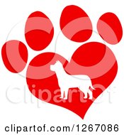 Clipart Of A White Silhouetted Dog In A Red Heart Shaped Paw Print Royalty Free Vector Illustration