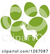 Clipart Of A White Silhouetted Dog In A Green Heart Shaped Paw Print Royalty Free Vector Illustration