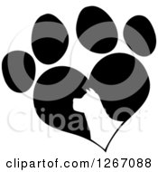 Clipart Of A White Silhouetted Dog Head In A Black Heart Shaped Paw Print Royalty Free Vector Illustration