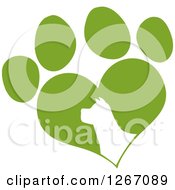Poster, Art Print Of White Silhouetted Dog Head In A Green Heart Shaped Paw Print