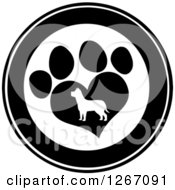 Poster, Art Print Of Black And White Circle Of A Silhouetted Dog In A Heart Shaped Paw Print