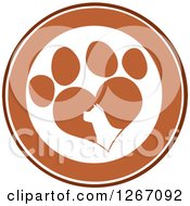 Poster, Art Print Of Brown And White Circle Of A Silhouetted Dog Head In A Heart Shaped Paw Print