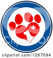Poster, Art Print Of Blue And White Circle Of A Dog Head In A Red Heart Shaped Paw Print With A Veterinary Cross