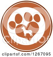 Poster, Art Print Of Brown And White Circle Of A Silhouetted Dog In A Heart Shaped Paw Print