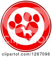 Red And White Circle Of A Silhouetted Dog In A Heart Shaped Paw Print