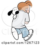 Clipart Of A Caucasian Boy Walking And Carrying His Dog Royalty Free Vector Illustration