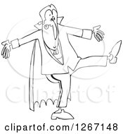 Clipart Of A Black And White Halloween Dracula Vampire Dancing Royalty Free Vector Illustration