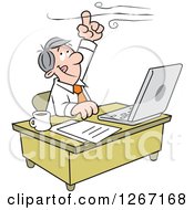 Poster, Art Print Of Caucasian Businessman Working At His Desk And Holding His Finger Up To The Wind