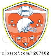 Clipart Of A Retro Yellow White Blue And Orange American Football Shield With A Helmet And Stars Royalty Free Vector Illustration