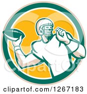 Poster, Art Print Of Retro Male American Football Player Throwing In A Tan Green White And Yellow Circle