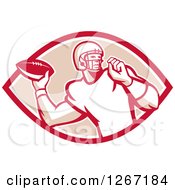 Poster, Art Print Of Retro Male American Football Player Throwing In A Red White And Tan Oval