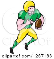 Poster, Art Print Of Cartoon White Male American Football Player Running In A Green And Yellow Uniform