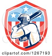 Clipart Of A Retro Male Baseball Player Batting Inside An American Flag Shield Royalty Free Vector Illustration