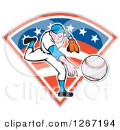 Poster, Art Print Of Cartoon White Male Baseball Pitcher Throwing Over An American Flag Diamond