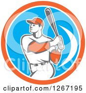 Retro White Male Baseball Player Batting Inside An Orange White And Blue Circle