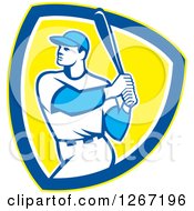 Clipart Of A Retro White Male Baseball Player Batting Inside A Yellow Blue And White Shield Royalty Free Vector Illustration