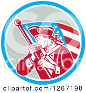 Poster, Art Print Of Retro Revolutionary Soldier With An American Flag In A Blue White And Gray Circle