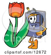Suitcase Cartoon Character With A Red Tulip Flower In The Spring