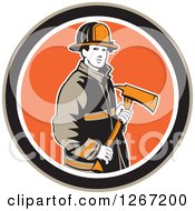 Poster, Art Print Of Retro Male Fireman Holding An Axe In A Brown Black White And Orange Circle