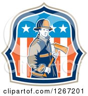 Poster, Art Print Of Retro Male Fireman Holding An Axe In An American Flag Shield