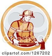 Poster, Art Print Of Retro Male Fireman Holding An Axe In An Orange White And Gray Circle