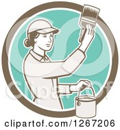 Poster, Art Print Of Retro Female House Painter Using A Brush In A Brown White And Turquoise Circle