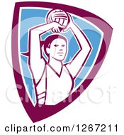 Retro Female Volleyball Or Netball Player In A Purple White And Blue Shield
