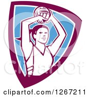 Poster, Art Print Of Retro Female Volleyball Or Netball Player In A Purple White And Blue Shield