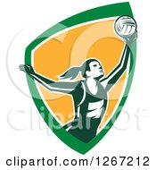 Retro Female Volleyball Or Netball Player Serving In A Green White And Orange Shield