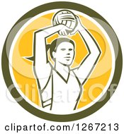 Clipart Of A Retro Female Volleyball Or Netball Player In A Green White And Yellow Circle Royalty Free Vector Illustration