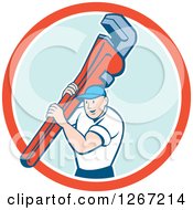 Clipart Of A Retro Cartoon Caucasian Male Plumber Holding A Monkey Wrench In A Red White And Blue Circle Royalty Free Vector Illustration
