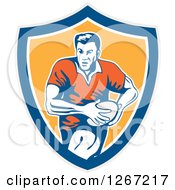 Poster, Art Print Of Retro Male Rugby Player Running In A Gray Blue White Or Yellow Shield