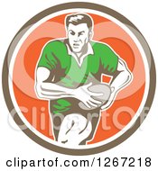 Poster, Art Print Of Retro Male Rugby Player Running In A Brown White And Orange Circle