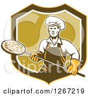 Poster, Art Print Of Retro Male Chef With A Pizza On A Peel In A Yellow Brown White And Green Shield