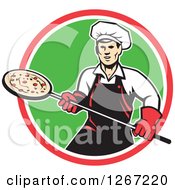 Poster, Art Print Of Retro Male Chef With A Pizza On A Peel In A Red White And Green Circle