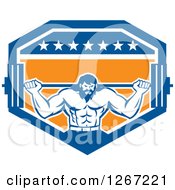 Poster, Art Print Of Retro Bearded Muscular Male Bodybuilder Squatting With A Barbell In A Blue White And Orange Shield